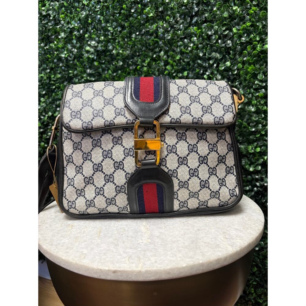 Gucci GG monogram stripe shoulder bag Navy vintage 1976